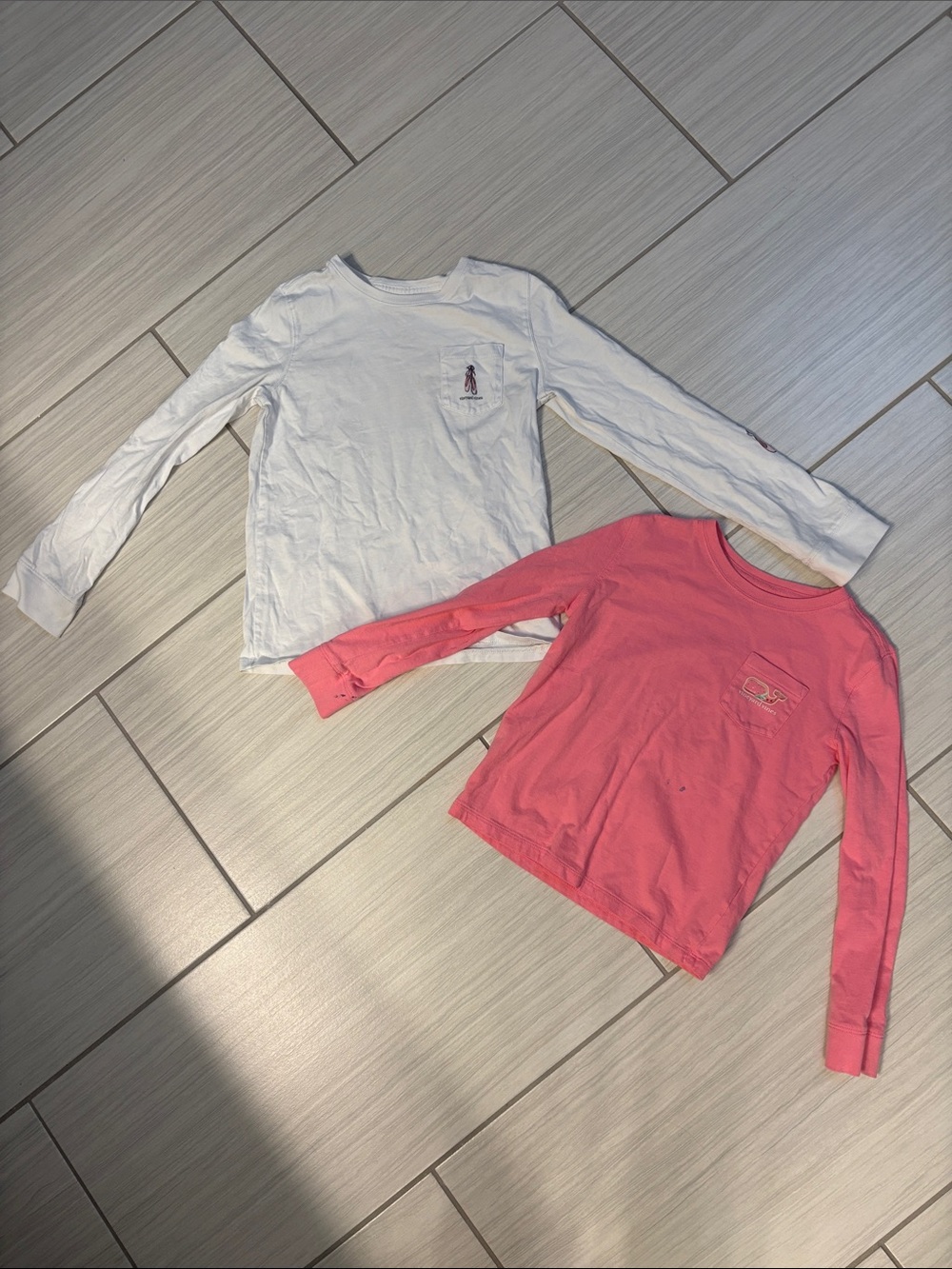 Girls Long-Sleeve Vineyard Vines Pocket Tees - White & Coral XS & S